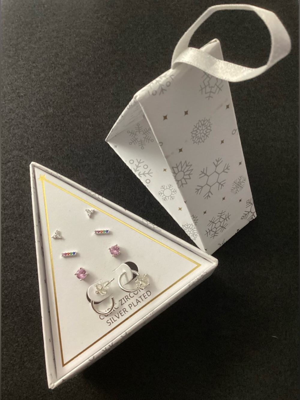Macy’s Cubic Zirconia Silver Plated 4 Pair Earrings Set in Triangle Gift Box